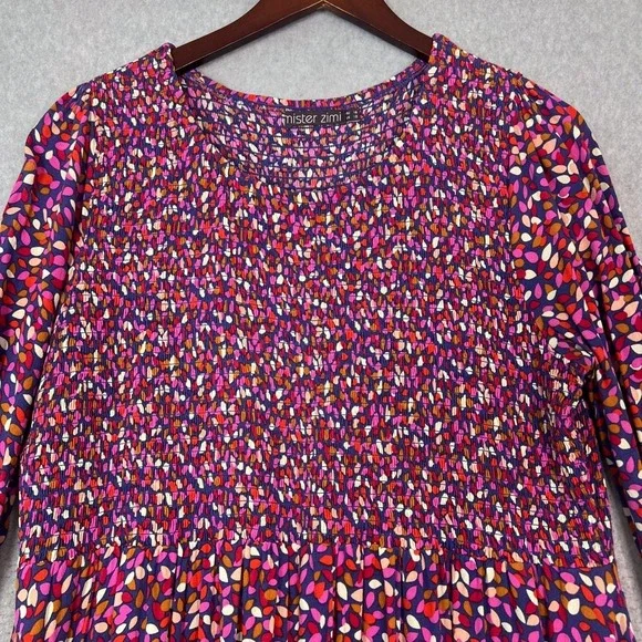 Mister Zimi Size 12 River Birch Dahlia Long Sleeve Smocked Bodice Midi Dress - Picture 2 of 7